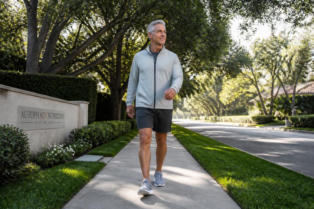 Man in his sixties walking briskly on a tree-lined sidewalk, a key habit for healthy aging.