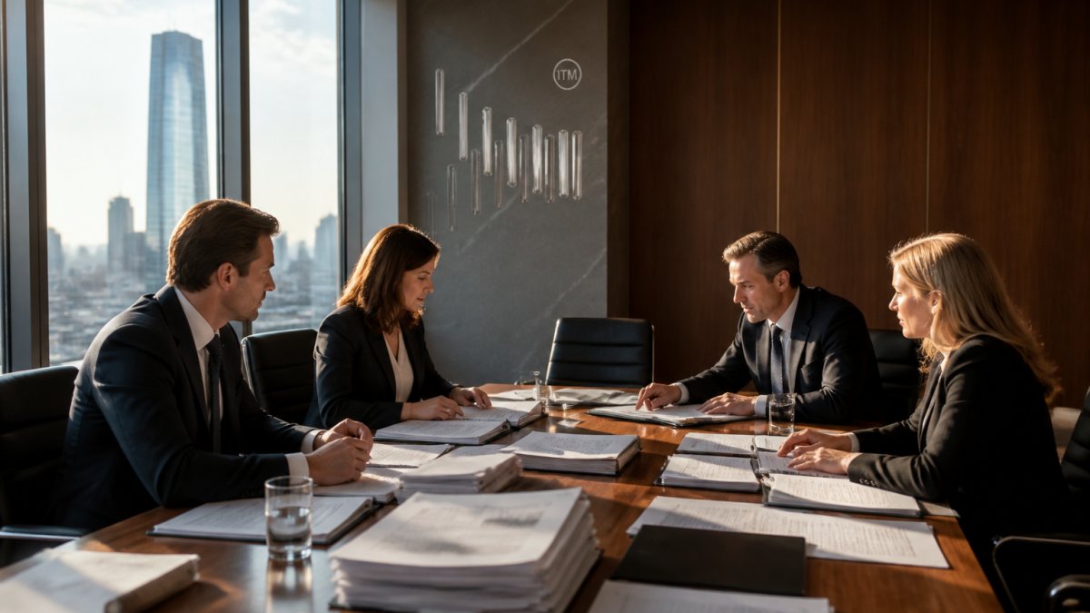 Professional team in modern boardroom reviewing financial documents and data on large screen during due diligence meeting, natural light from windows, formal business attire