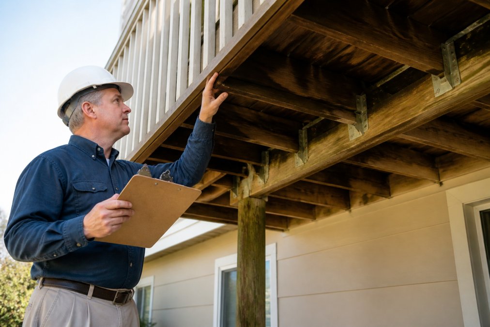 Licensed structural engineer conducting detailed balcony inspection, examining wooden beams and fasteners with professional tools, clipboard in hand, natural daylight illuminating the elevated structure
