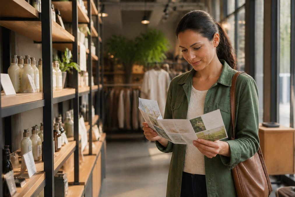 Customer examining a product in a retail store while holding a tri-fold brochure as effective print marketing collateral.