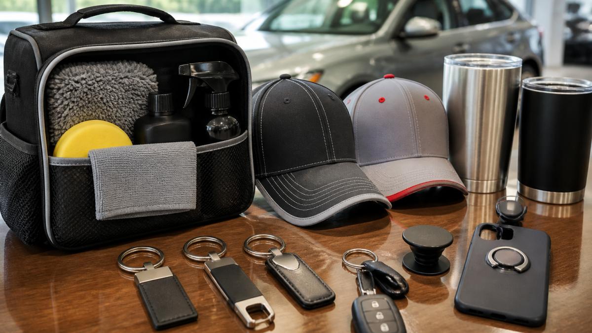 Close-up display of various branded automotive promotional items arranged on a polished table, including custom car care kits, embroidered hats, personalized keychains, phone accessories, and branded tumblers with dealership logos, natural lighting highlighting product details