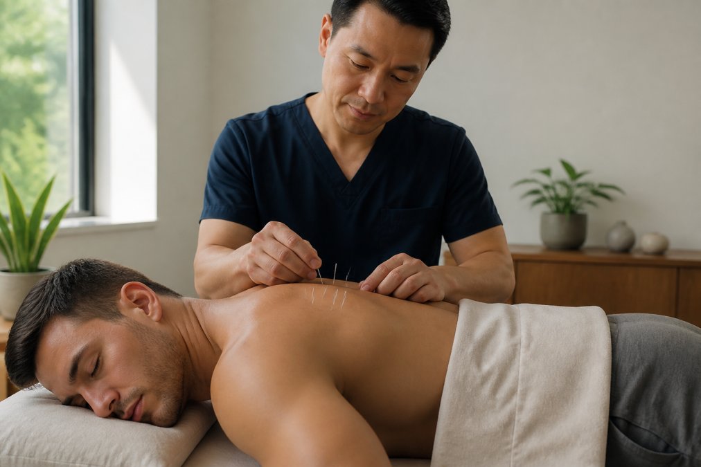 A licensed acupuncturist placing fine needles into the shoulder of a relaxed athlete lying on a treatment table in a calm, well-lit wellness clinic with soft natural light