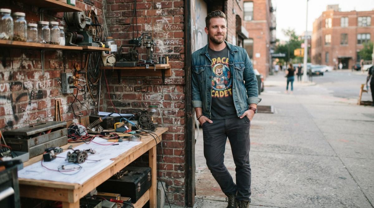 Man wearing a retro cartoon t-shirt and denim jacket posing against a brick wall in an urban setting