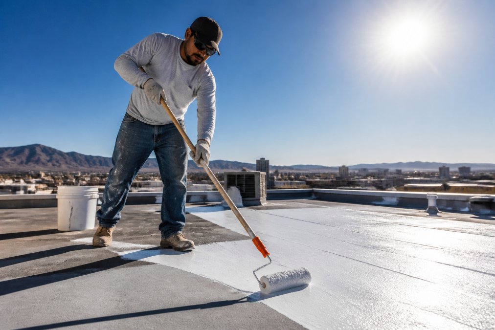 A contractor's gloved hands applying a white liquid membrane coating to a flat roof with a roller, bright desert sun overhead and the El Paso skyline faint in the background