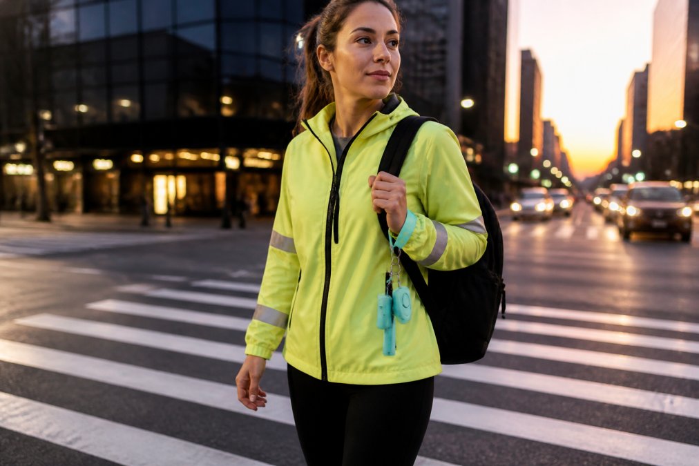 Woman walking through a city crosswalk at dusk wearing safety accessories on her wristlet for personal protection.