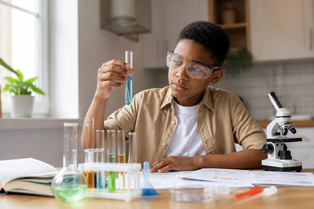 A 10-year-old child carefully conducting a chemistry experiment with test tubes and beakers, wearing safety goggles, with materials and instructions spread on a bright workspace near a window with natural light