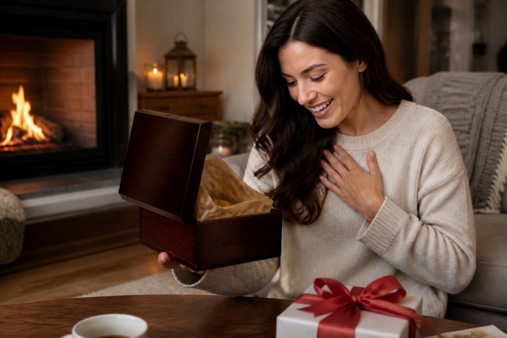 A smiling woman opens a luxury mahogany gift box, one of the best sentimental gift ideas for her.