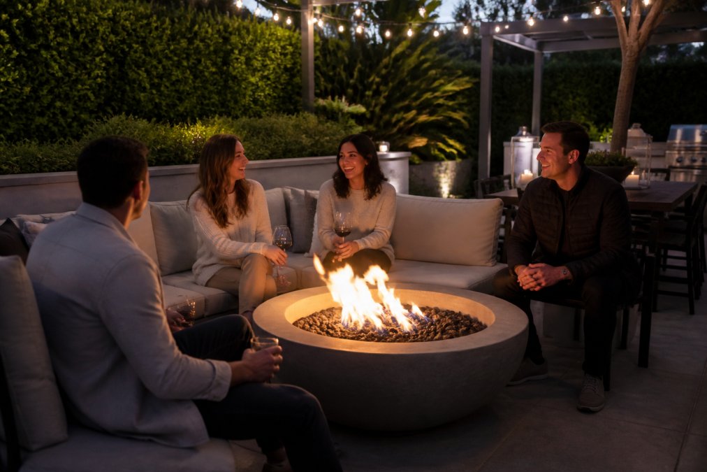 A cozy small backyard patio at dusk with a modern concrete fire bowl burning, surrounded by cushioned seating and warm string lights, coastal Southern California style