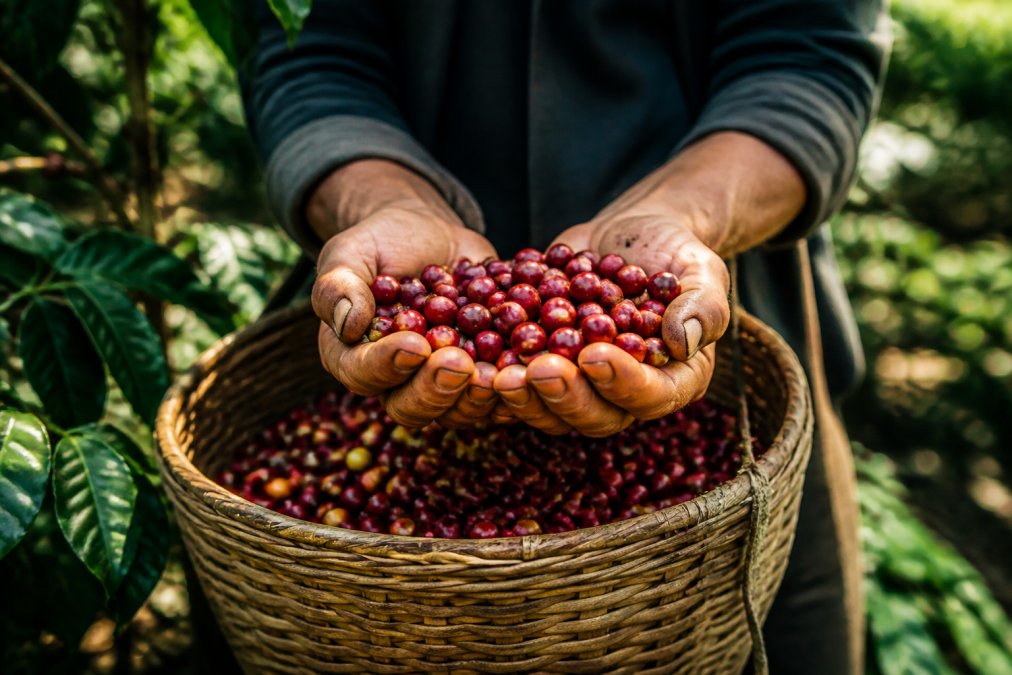 A close-up of a coffee farmer's hands holding freshly picked red coffee cherries in a woven basket, with lush green coffee plants blurred in the background under dappled sunlight
