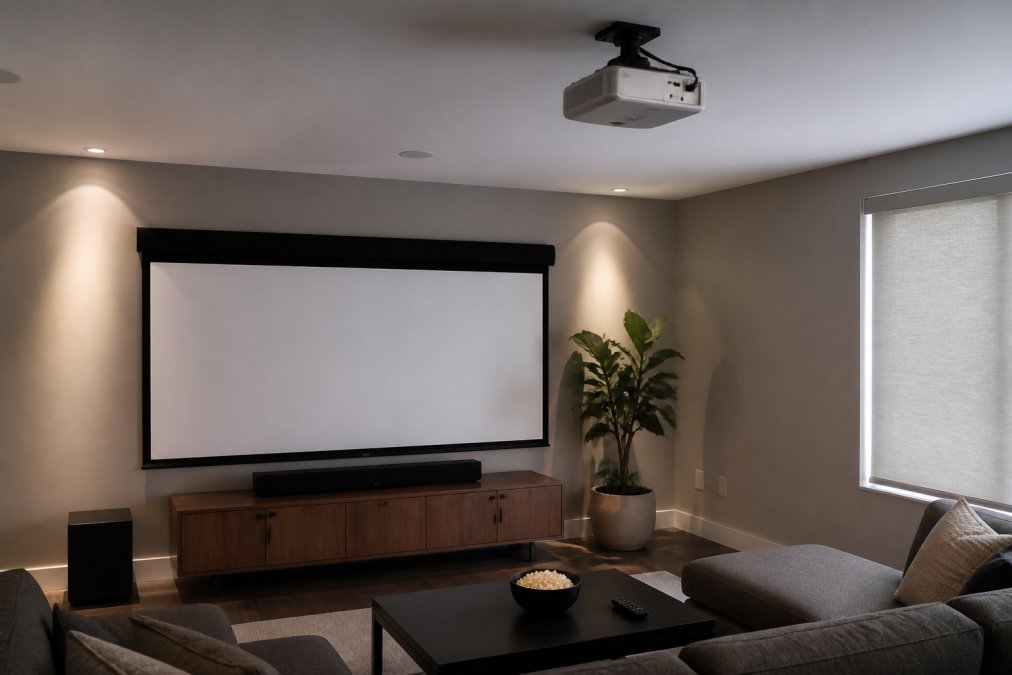 Home theater setup showing a projector mounted on ceiling with soundbar positioned below projection screen, cables organized in conduit behind furniture, comfortable seating arranged for optimal viewing