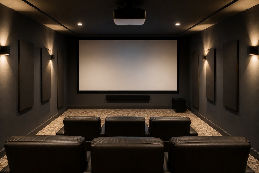 Dedicated media room with ceiling-mounted projector, soundbar below screen, acoustic panels on side walls, comfortable theater seating arranged in rows, warm lighting creating cinema atmosphere