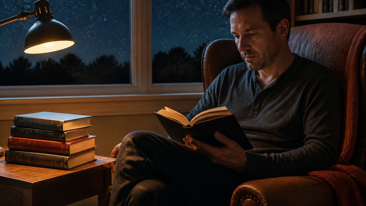 Reader sitting in a comfortable armchair with a stack of science fiction books on a side table, holding one open with warm reading lamp light, starry night visible through a nearby window
