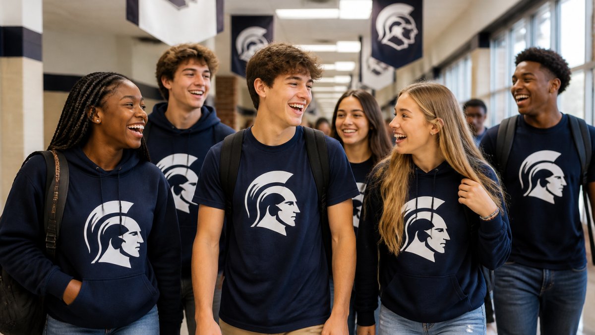 A group of diverse high school students wearing matching custom school spirit shirts and hoodies, smiling and cheering in a school hallway with banners