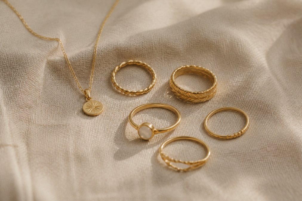 Close-up of several delicate gold rings and a small pendant necklace arranged on a natural linen cloth, with soft warm lighting highlighting the metal texture and fine craftsmanship