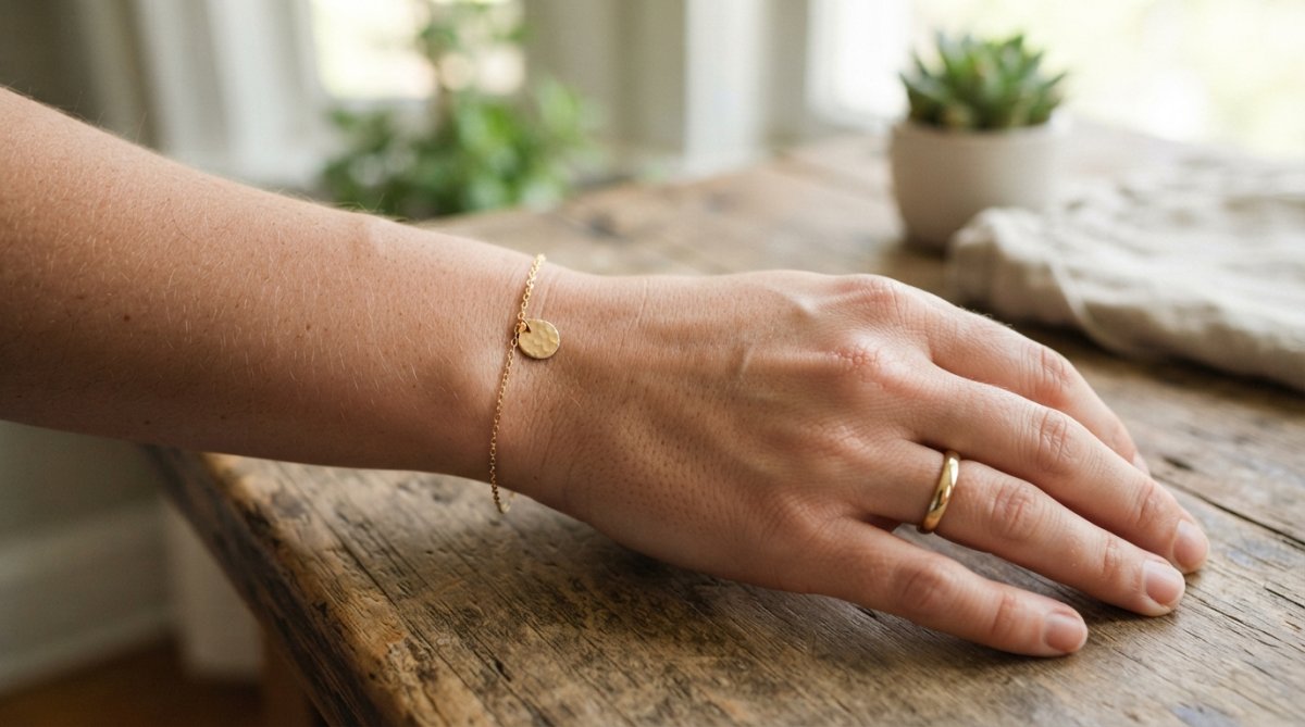 A woman's wrist and hand showing a simple solid gold ring and a thin stacking bracelet against clean, bare skin in natural daylight, highlighting the jewelry's delicate texture