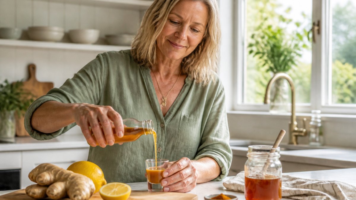 A woman in her fifties pouring a small amber shot of wellness tonic from a glass bottle into a small glass on a bright kitchen counter, with fresh lemons, ginger root, and a jar of honey nearby