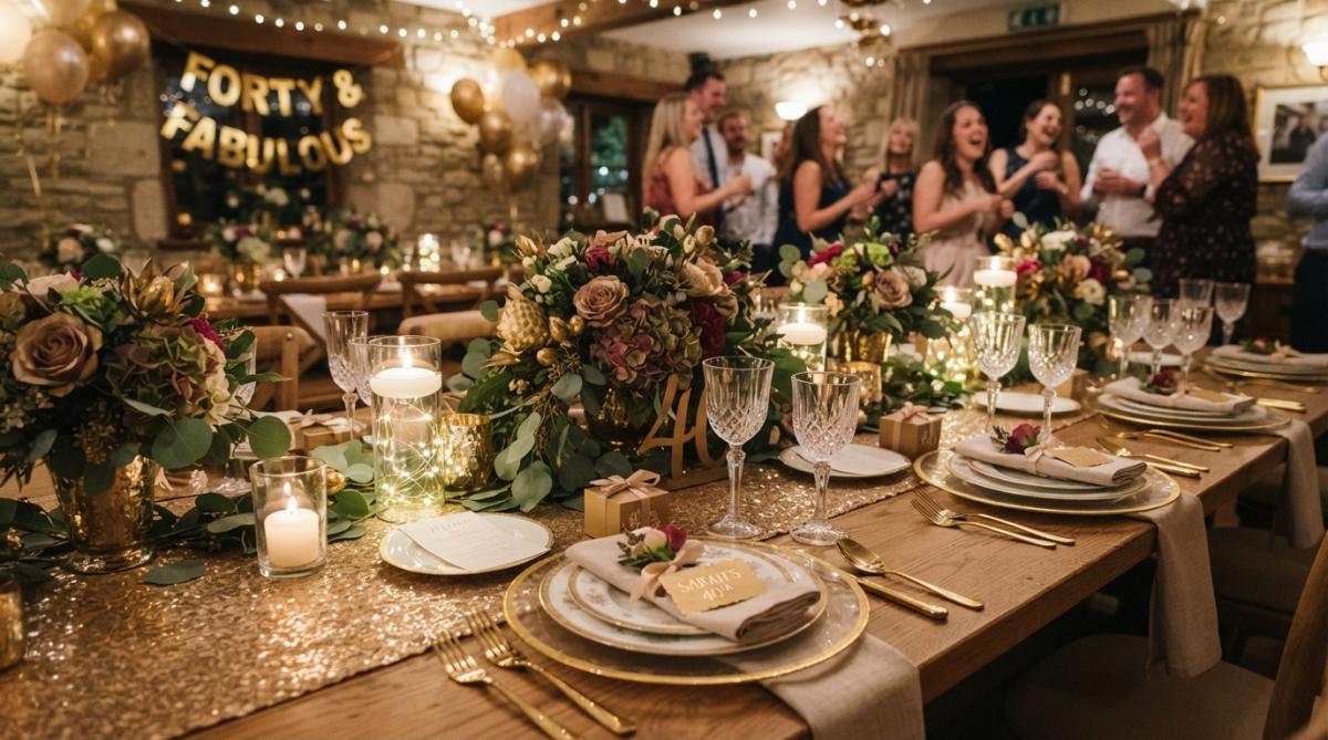 Elegantly decorated adult milestone birthday tablescape with coordinated gold linens, floral centerpieces, place settings with personalized cards, and ambient candlelight on a long dining table