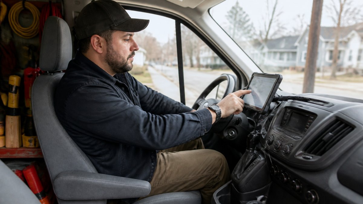 Field technician checking a dispatch schedule on a tablet to support field service team management