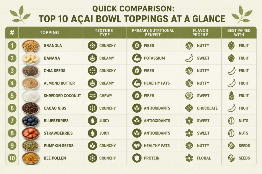 Comparison matrix showing 10 toppings with columns for Texture Type (crunchy/creamy/chewy), Primary Nutritional Benefit (protein/fiber/antioxidants/healthy fats), Flavor Profile (nutty/sweet/chocolate/floral), Best Paired With (fruit/nuts/seeds)