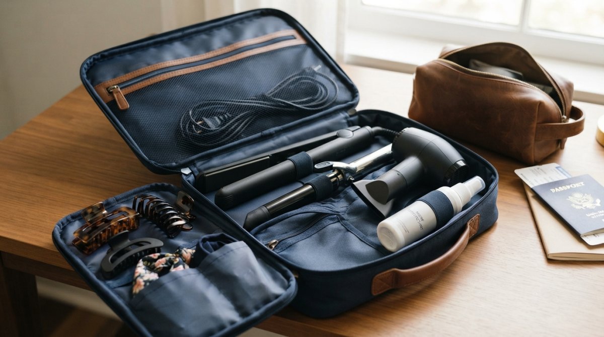 Open travel organizer case with neatly arranged hair styling tools, claw clips, headbands, and heat protectant spray displayed inside, ready for packing