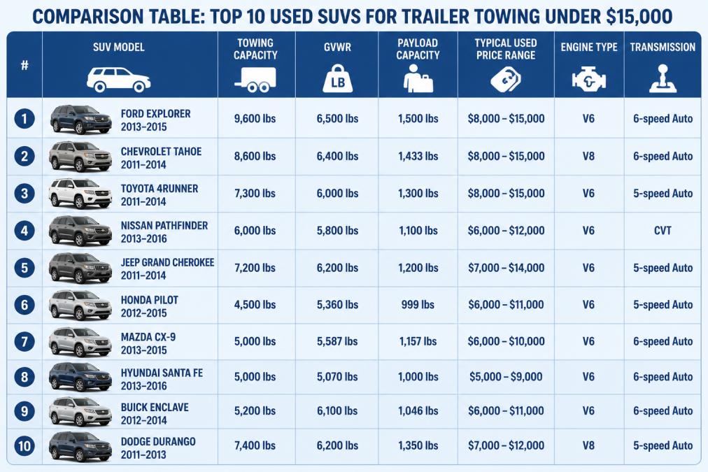 Comparison matrix showing 10 used SUV models with towing capacity (5,000-9,600 lbs), GVWR (4,500-6,500 lbs), payload capacity (800-1,500 lbs), typical used price range, engine type (V6/V8), and transmission for vehicles under $15,000