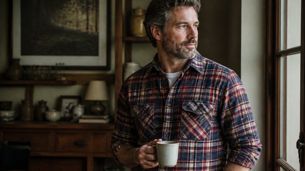 A man in his 40s wearing a vintage-inspired plaid flannel shirt, standing in a warmly lit room with a cup of coffee, looking relaxed and confident