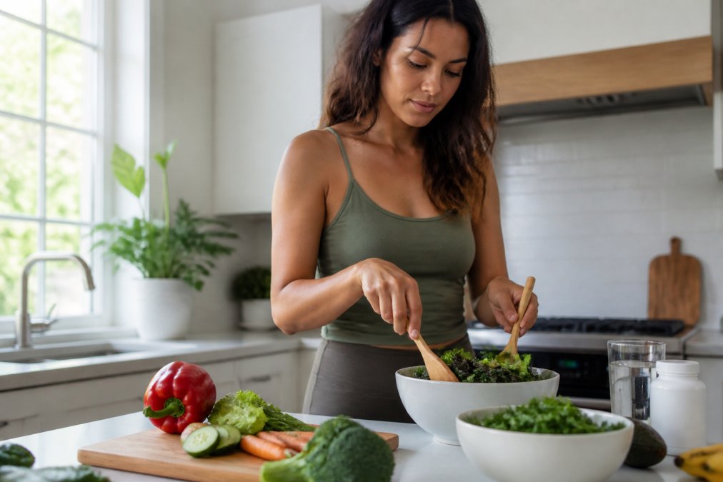 Woman preparing a nutritious meal with fresh vegetables and whole foods in a bright kitchen, with supplements and a water glass on the counter