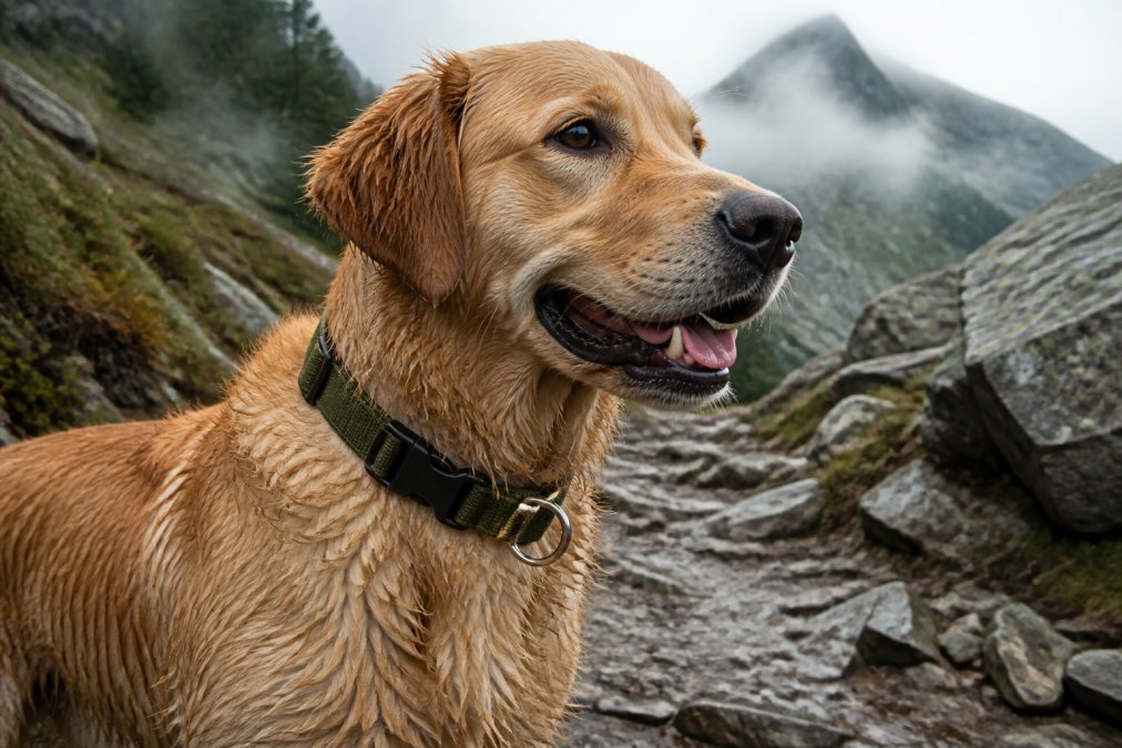 Active golden retriever on a rocky mountain trail wearing a waterproof collar, close-up showing rust-proof D-ring and secure buckle attachment with morning mist in background