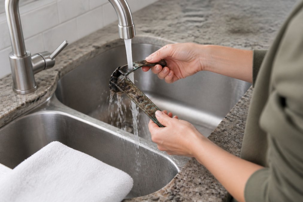 Pet owner's hands rinsing a muddy waterproof dog collar under warm running water in a kitchen sink, collar held at an angle to allow water to flow through, with a clean white towel visible on the counter ready for drying