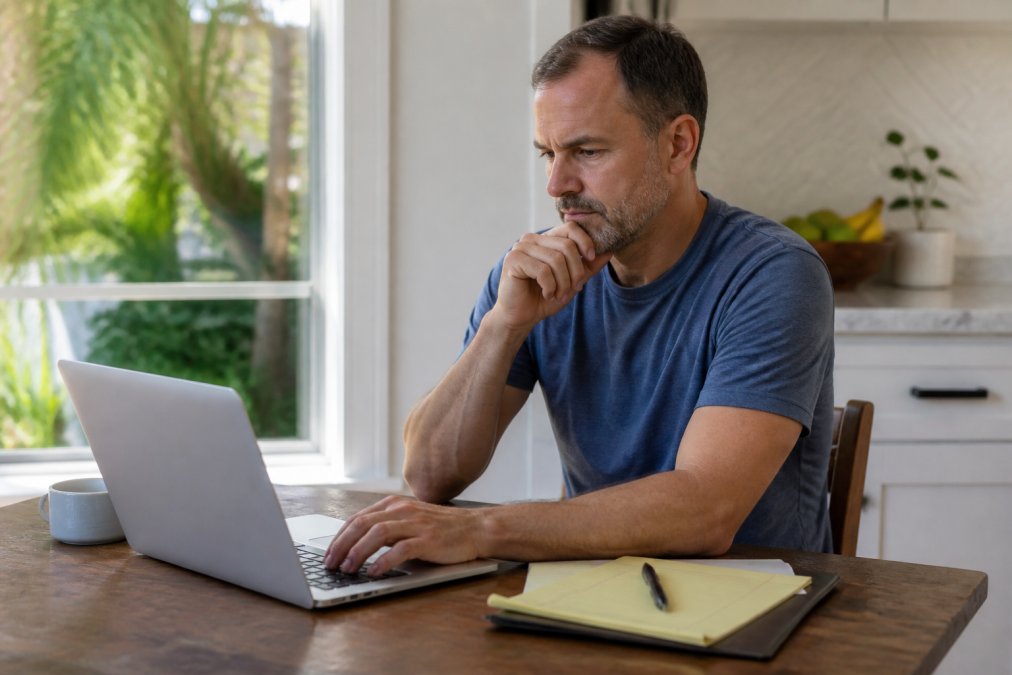 A person sitting at a kitchen table with a laptop open to an insurance quote comparison page, a notepad and pen nearby, warm natural light coming through a window, focused expression