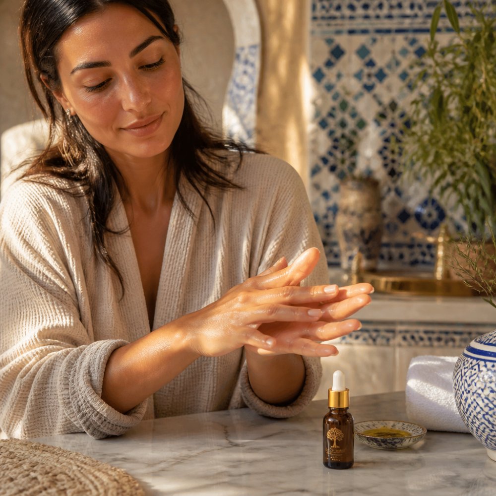 Close-up of a woman's hands gently massaging a few drops of golden argan oil into her cuticles, soft natural light, small glass dropper bottle on a marble counter beside her