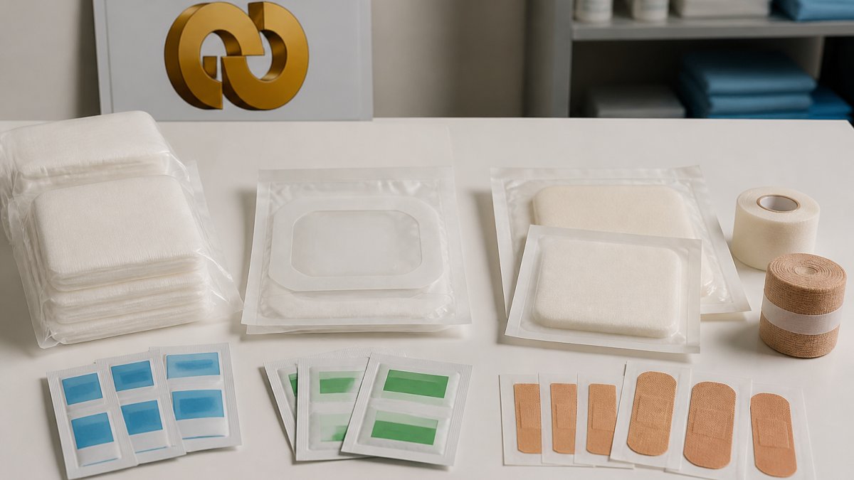 Close-up of organized surgical wound care supplies laid out on a clean white surface: sterile gauze pads in sealed packages, transparent film dressings, foam dressings, antiseptic wipes in individual packets, and adhesive bandages arranged by type, with natural lighting showing product labels clearly