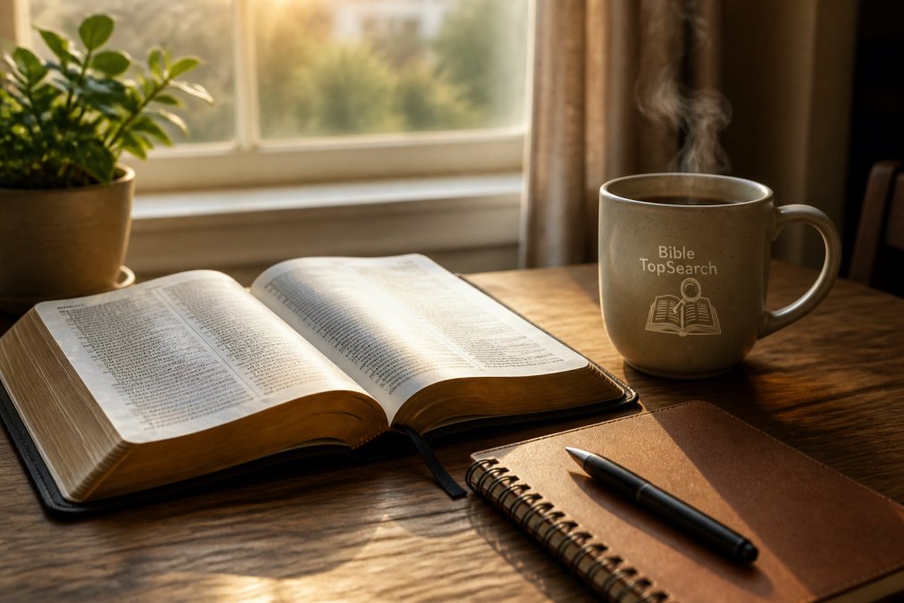 Open Bible on a wooden table beside a steaming mug of coffee, soft morning light through a window, a journal and pen resting nearby, warm and peaceful atmosphere suggesting quiet devotional time