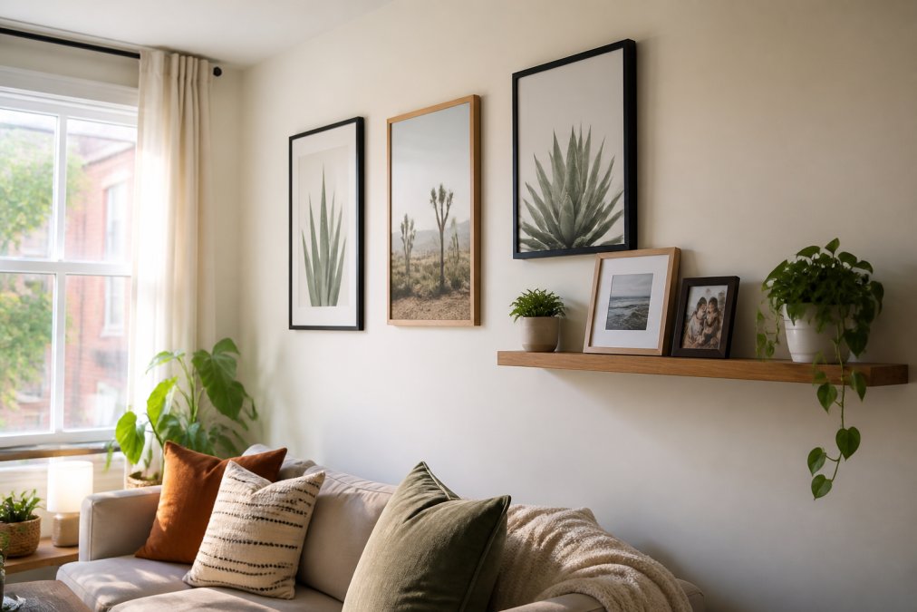 A bright apartment living room wall featuring framed art hung with white adhesive strips and a floating wooden picture ledge holding small plants and photos, natural daylight streaming from a nearby window