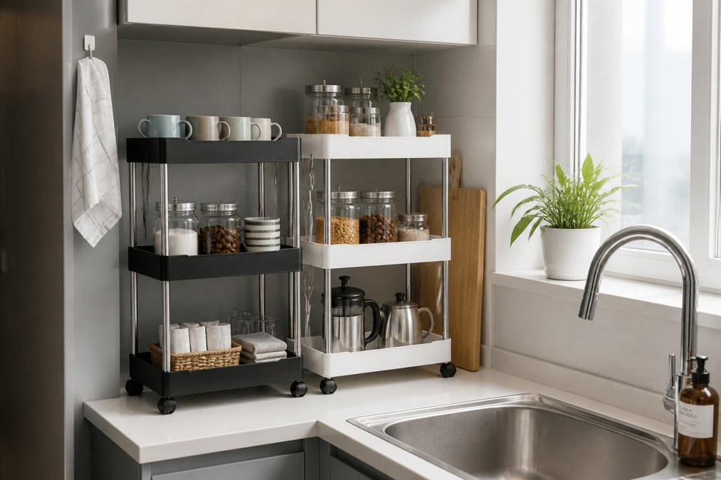 A compact studio apartment kitchen sink area with tiered metal shelves and stacked storage containers on the counter, showing organized mugs, glass jars, and kitchen essentials arranged in a minimalist setup with natural window light