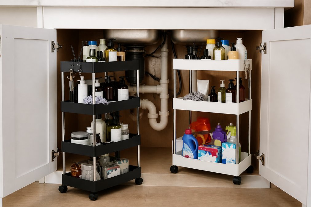 An open cabinet under a kitchen sink with organized pull-out metal shelving, cleaning supplies neatly arranged in labeled containers, and plumbing fixtures clearly visible around the tiered storage solutions