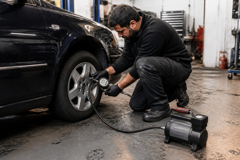Technician using a digital gauge to check tyre pressure as part of essential car maintenance tips in a garage.