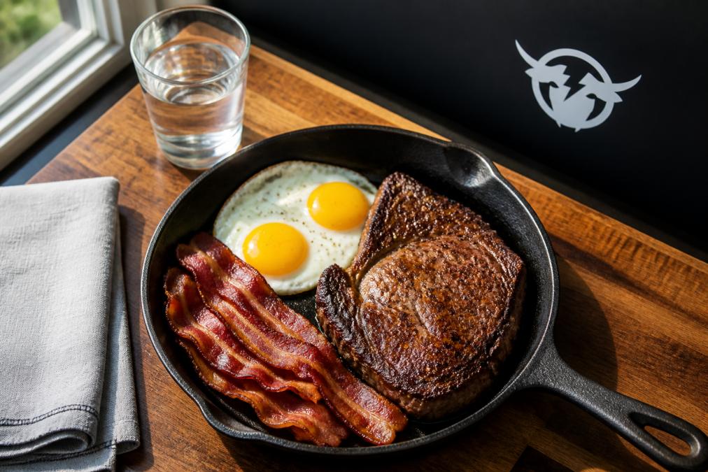 Overhead shot of prepared carnivore meal spread featuring grilled ribeye steak, fried eggs, and crispy bacon arranged on cast iron skillet with glass of water, natural morning light from kitchen window