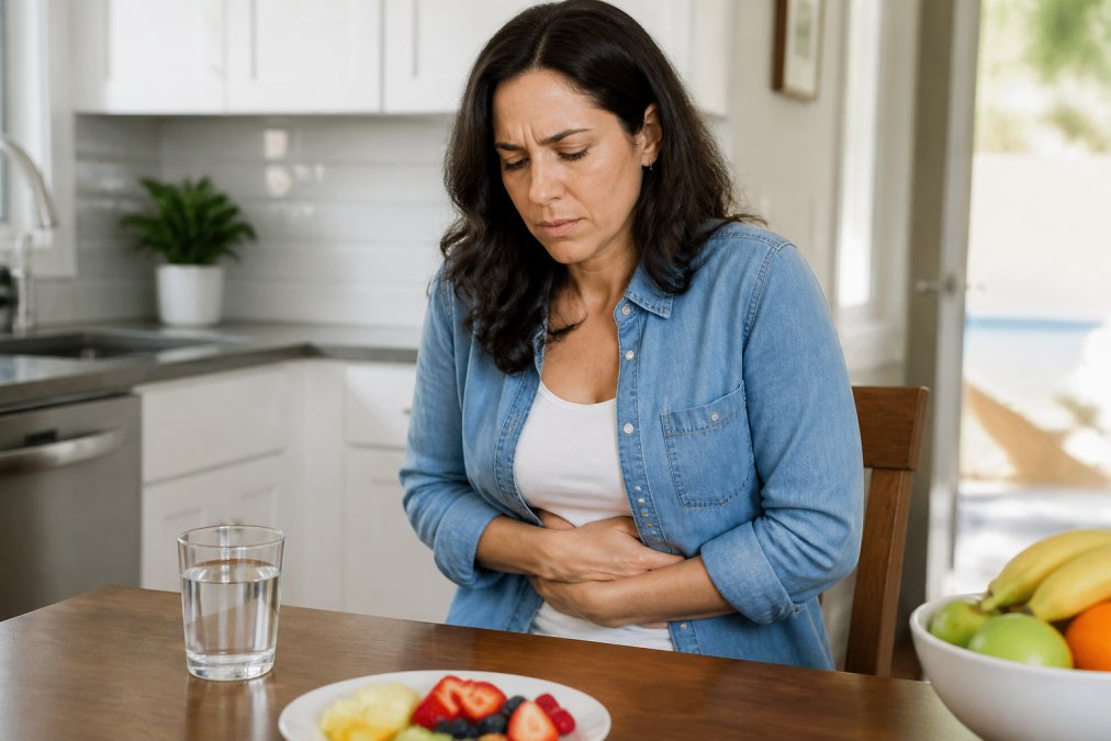 Infographic showing signs of poor gut health and bloating in women with a woman holding her stomach in pain