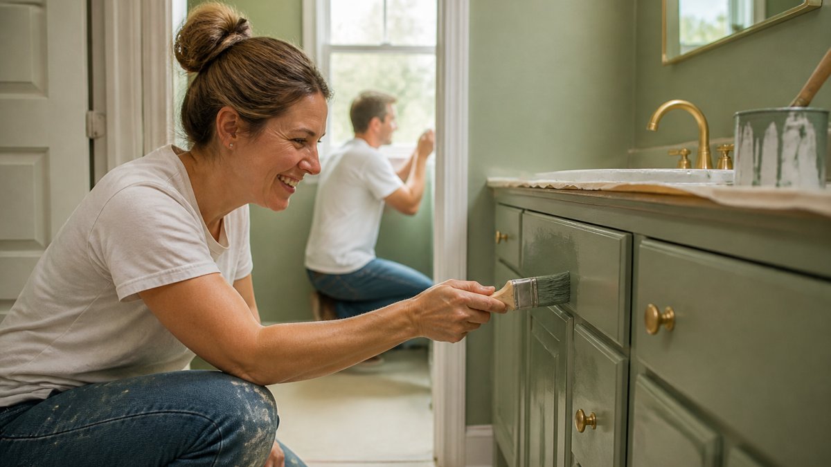Freshly painted bathroom vanity in soft sage green with matching wall color, paintbrush resting on paint can, natural light streaming through window