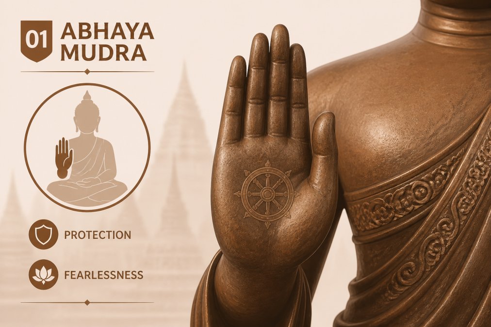 Close-up of a bronze Buddha statue's right hand raised in the Abhaya Mudra position, palm facing outward with fingers extended, showing fine detail of the gesture against a blurred temple background