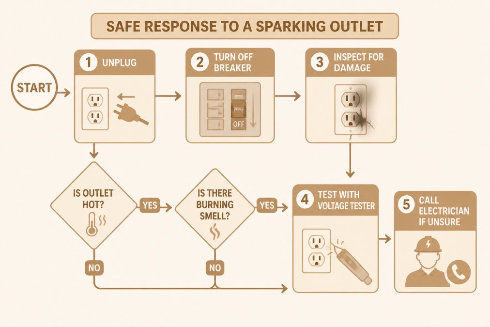 Flowchart showing safe response to a sparking outlet: 1. Unplug device, 2. Turn off breaker, 3. Inspect for damage, 4. Test with voltage tester, 5. Call electrician if unsure. Decision diamonds for "Is outlet hot?" and "Is there burning smell?"