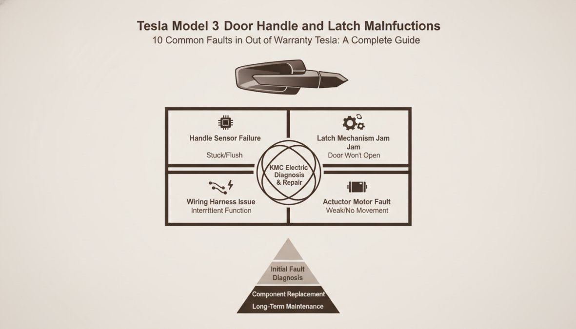 Close-up of a Tesla Model 3 door handle mid-presentation against a blurred garage background with natural daylight