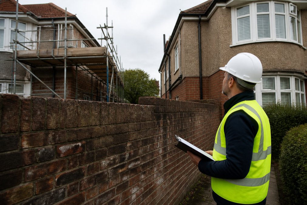 Chartered surveyor inspecting a party wall amidst the 10 common hidden costs in construction projects