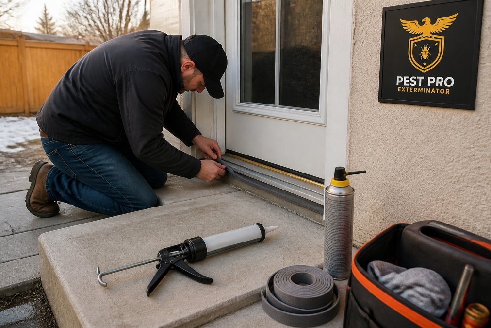 Homeowner applying weather stripping to a door to block house pests during the cold winter months