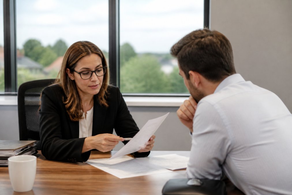 A solicitor reviewing claim documents with a client across a desk in a modern office, natural daylight through windows