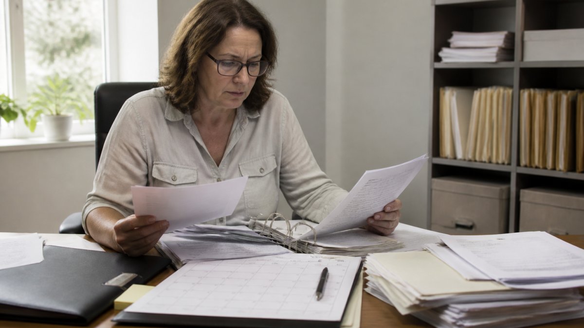 Small business owner reviewing payroll records and documentation at desk with calendar, checklist, and filing system visible, natural office lighting