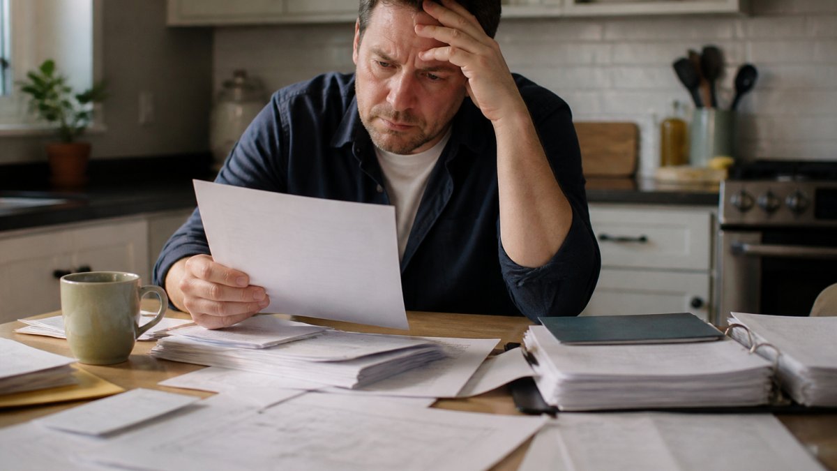 Homeowner reviewing incomplete documents that often lead to a building permit rejection at a kitchen table.