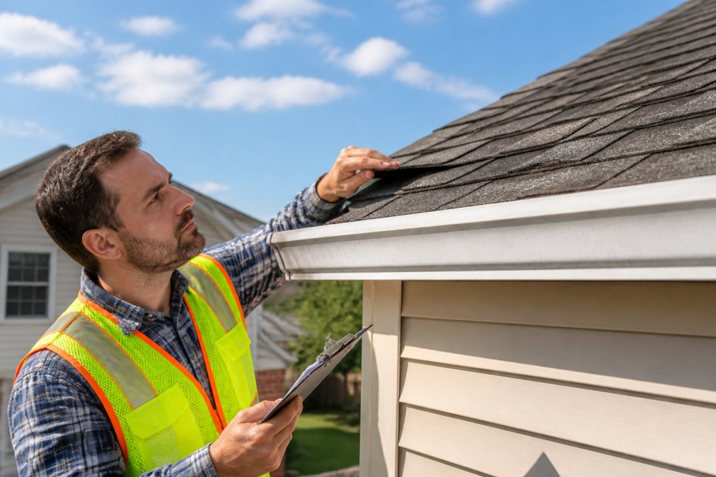 Homeowner using a clipboard to inspect shingles for roofing mistakes during a routine maintenance check