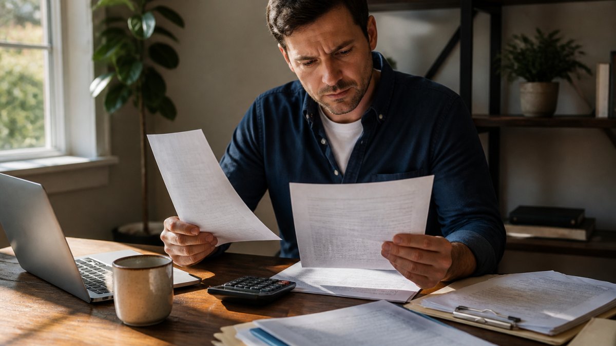 A real estate investor reviewing tax documents and LLC formation papers at a wooden desk, laptop open beside a calculator and a coffee mug, soft afternoon light through a window